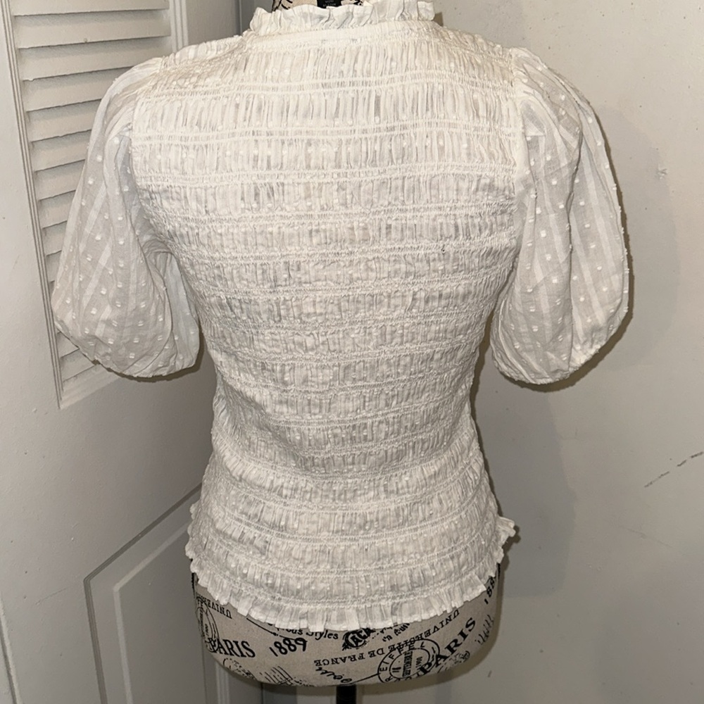 Jcrew Bundle of 2 puff sleeves tops- one white and one Navy with dots Sz XS NWT - Picture 8 of 9